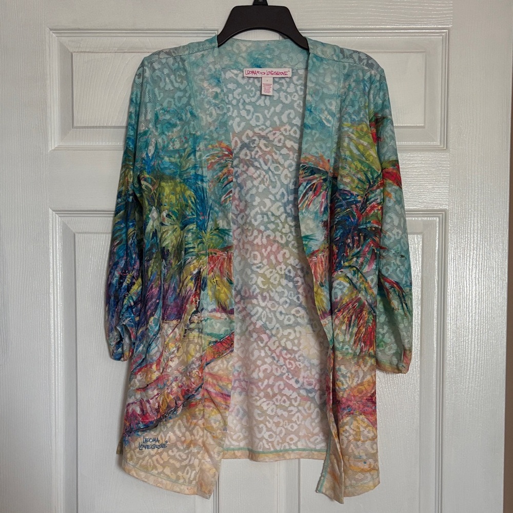 Lori Goldstein Teal Tropical Print Open Front Cardigan